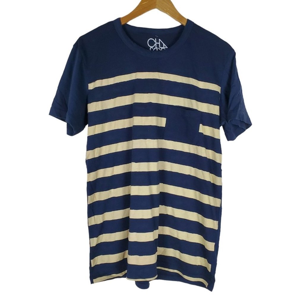 NEW Chaser Mens Pocket Tee Shirt Size Large Blue Tan Striped Short Sleeve FLAW